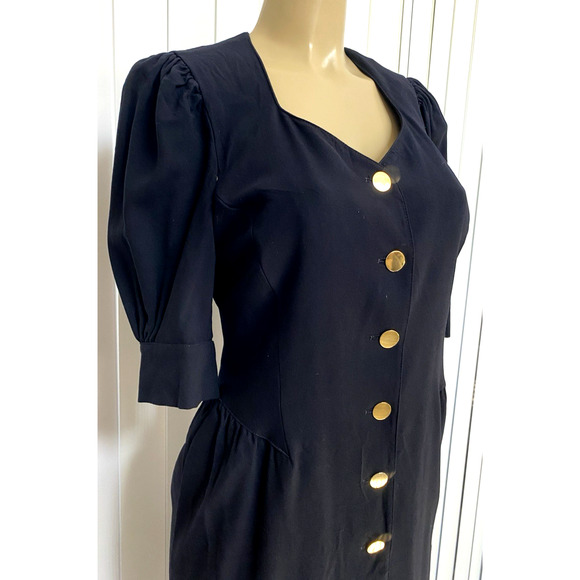 Escada Sheath Shirt Dress Short Sleeve Wool Gold Button Down Black 40 10 Vintage - Picture 5 of 8